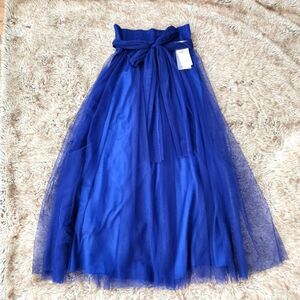 Yi Ya You Fashion Elastic Waist Tulle Midi Skirt Blue Fabric Tie Belt Women's‎